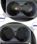 Before and after installation of Two Pack Bling Car Cup Coasters Set For Women with Non Slip Silicone Inserts in a car cup holder.