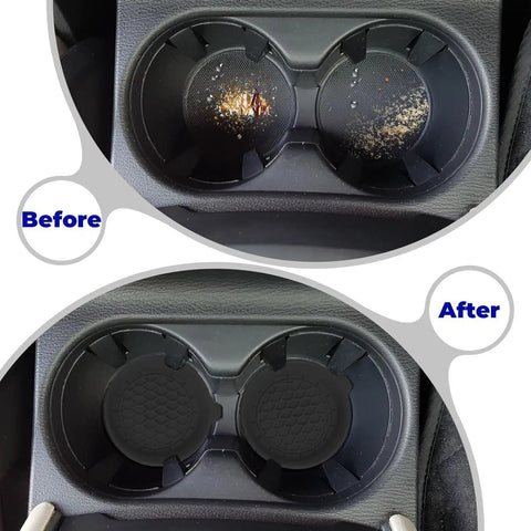 Before and after installation of Two Pack Bling Car Cup Coasters Set For Women with Non Slip Silicone Inserts in a car cup holder.