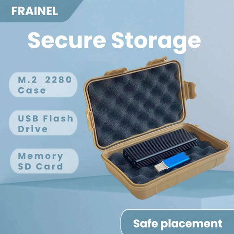 Rugged Hard Drive Case With Shockproof Foam And 4X Secure Lock For 2.5 Inch External SSDs and Backup Drives, tan storage case with USB drive.