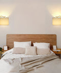 Bedroom with Arched LED Floor Lamp With Linen Shade And Double Layer Lampshade, Tall Modern Standing Light With E26 Socket And Footswitch, Dope Gold Mid Century Vibe For Living Room, Bedroom Or Office Decor on each side of the bed.