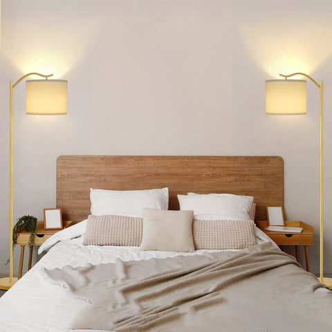 Bedroom with Arched LED Floor Lamp With Linen Shade And Double Layer Lampshade, Tall Modern Standing Light With E26 Socket And Footswitch, Dope Gold Mid Century Vibe For Living Room, Bedroom Or Office Decor on each side of the bed.