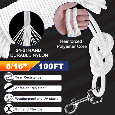 Image showing 100 Ft Nylon Flag Pole Rope Kit 5/16 Inch Halyard Replacement With 4 Zinc Alloy Snap Hooks featuring nylon strands.