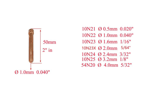 TIG Collet Bodies 10N Series Kit With Alumina Ceramic Cups For SR WP 17 18 26 Torches, collet dimensions 50mm x 1.0mm