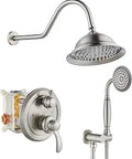 Rainfall Shower System With 8 Inch Round Brushed Nickel Shower Head And Handheld Spray Kit Easy Install High Pressure Overhead And Hand Shower With Single Handle Faucet Rough In Valve Included, showing showerhead and controls