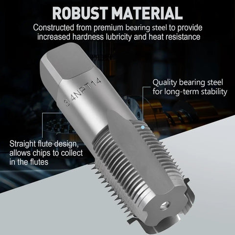 Six Piece NPT Pipe Tap Set Including One Inch Three Quarters Inch One Half Inch Three Eighths Inch One Quarter Inch And One Eighth Inch Taps For Pipe Thread Repair Re Threading Damaged Or Jammed Threads In Bearing Steel With Heavy Duty Storage Case tap in bearing steel close-up.