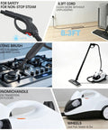 Get Rid Of Grime Fast With This Heavy Duty 1800W Steam Mop And Multipurpose Cleaner showing safety lock, rotating brush, and ergonomic handle.