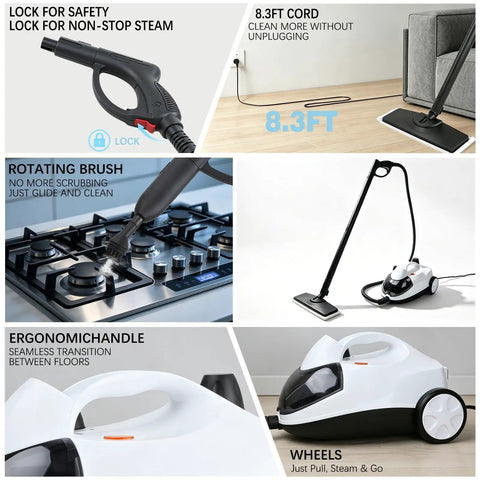 Get Rid Of Grime Fast With This Heavy Duty 1800W Steam Mop And Multipurpose Cleaner showing safety lock, rotating brush, and ergonomic handle.