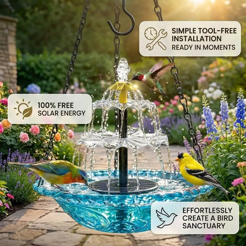 3 Tier Solar Powered Hanging Bird Bath Fountain With Blue Bowl For Hummingbirds in garden with water cascade