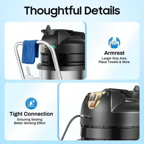 Close-up of Badass Commercial Carpet Cleaner 60L 3 In 1 Industrial Steam Vacuum For Hotels showing armrest and connection features.