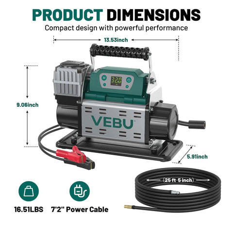 Heavy Duty 12V Rv Air Compressor And Tire Inflator With Auto Shut Off Rapid Digital Display preset dimensions 13.53" x 9.06" x 5.91"
