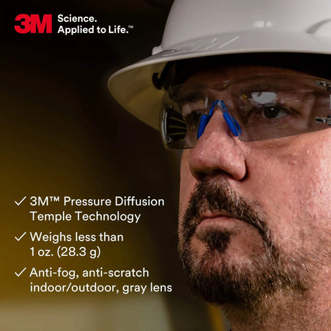 Worker wearing SecureFit 400 Series Safety Glasses 20 Pack ANSI Z87 Indoor Outdoor Scotchgard Anti Fog Anti Scratch Gray Lens.
