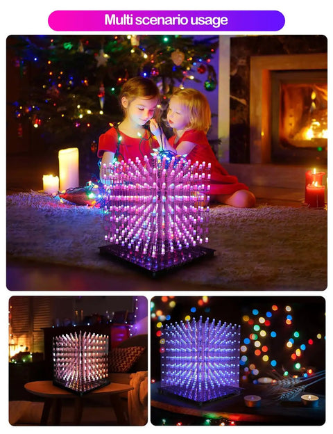 Children enjoying 3D LED Cube Kit For DIY Electronics in living room with dope lighting effects; pre soldered mainboard visible.