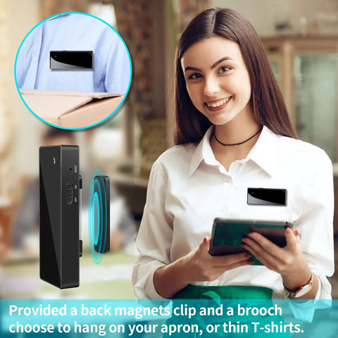 Woman wearing Mini Spy Nanny Cam Body Camera 1080P Wearable Badge Style With Magnetic Clip And Brooch Ultra Lightweight