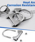 Two Pack 304 Stainless Steel U Clamps, 54mm Muffler Exhaust Clamps with Saddle Flange displayed on a table.