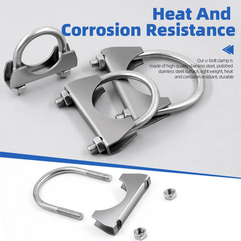 Two Pack 304 Stainless Steel U Clamps, 54mm Muffler Exhaust Clamps with Saddle Flange displayed on a table.