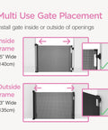 Diagram showing inside and outside frame installation options for the Retractable Baby Gate for Stairs and Doorways, 33 Inch Tall by 55 Inch Wide, Mesh Safety Gate for Kids and Pets, Indoor Outdoor Use, One Handed Operation, Locking, Easy Install, Hardware Mount, Gray.