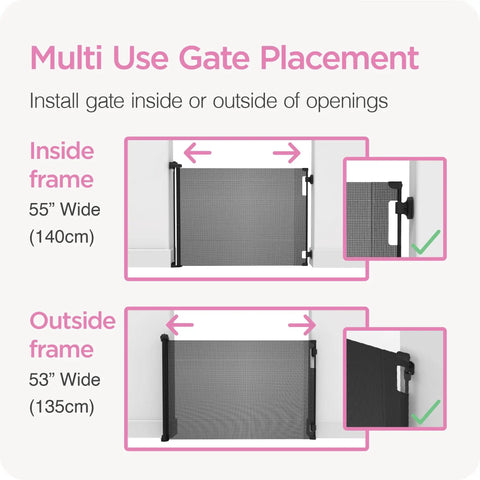 Diagram showing inside and outside frame installation options for the Retractable Baby Gate for Stairs and Doorways, 33 Inch Tall by 55 Inch Wide, Mesh Safety Gate for Kids and Pets, Indoor Outdoor Use, One Handed Operation, Locking, Easy Install, Hardware Mount, Gray.