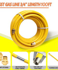 100 Ft Flexible Three Quarters Inch CSST Gas Line Kit With Corrugated Stainless Steel Tubing For Natural Gas And Propane Grills Conversion Kit With Two Male Adapters Heavy Duty Grill Hose For Easy Install And Reliable Flow, coiled yellow tubing with adapters.