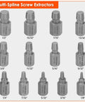 Multi-spline screw extractors for Ultimate 65 Piece Bolt Extractor Kit For Damaged Bolts And Nuts with size markings visible.