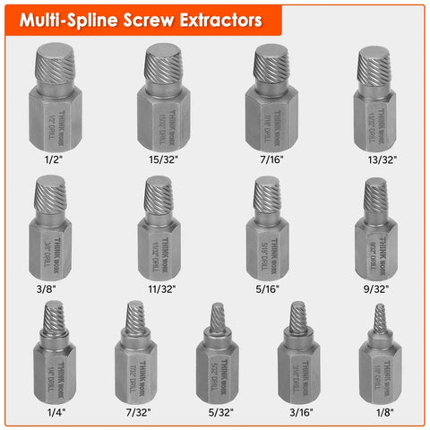 Multi-spline screw extractors for Ultimate 65 Piece Bolt Extractor Kit For Damaged Bolts And Nuts with size markings visible.