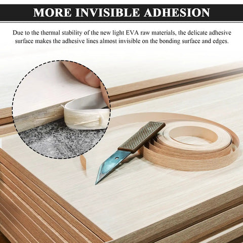 Heavy Duty Hot Melt Edgebander Glue Pellets For Cabinetry And Diy Fixes used on wood for invisible adhesion, knife and tape visible.