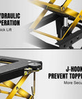 Close-up of Heavy Duty Motorcycle Lift Table With 350 Lb Capacity Hydraulic Foot Operated Scissor Lift, featuring J-hooks and hydraulic mechanism.