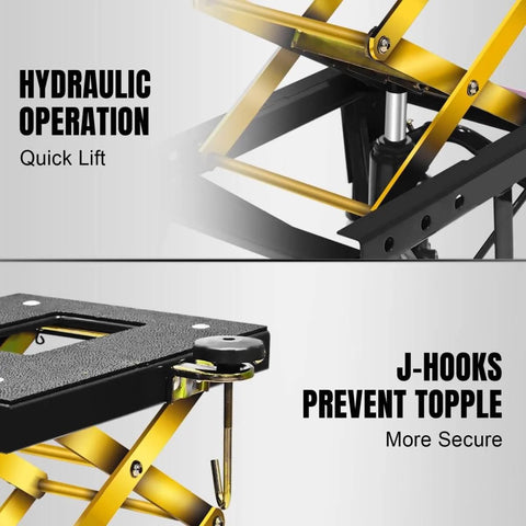 Close-up of Heavy Duty Motorcycle Lift Table With 350 Lb Capacity Hydraulic Foot Operated Scissor Lift, featuring J-hooks and hydraulic mechanism.
