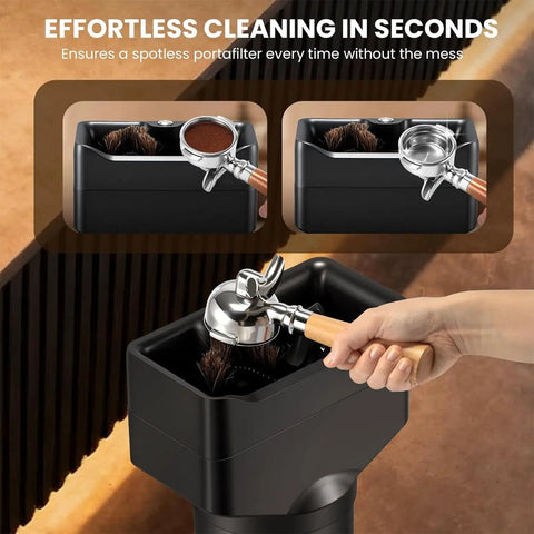Vertical Electric Espresso Portafilter Cleaner With Knock Box Combo Auto Ground Removal For Home And Cafe Baristas Smooth Daily Grind Cleanup Universal Fit Quick Dump Station in use cleaning portafilter.