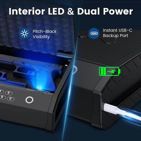 Handheld Biometric Gun Safe With Ergonomic Handle For Quick Access To Your Piece And Key Backup Secure Storage showing interior LED and USB-C port.