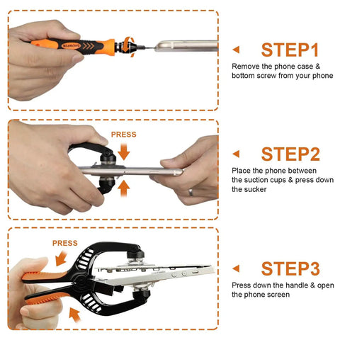 Using 3 In 1 Iphone Repair Tool With Suction Cup DIY Friendly Pro Grade Opening Pliers for screen removal, step-by-step guide.
