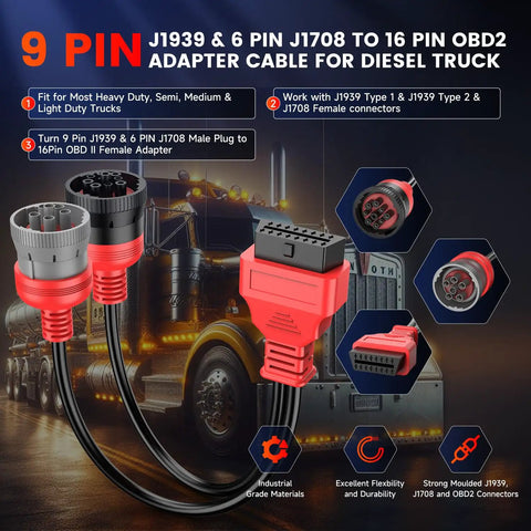 Beefed Up Heavy Duty Diesel Truck OBD To Type 2 Split Cable With 9 Pin J1939 And 6 Pin J1708 Connectors To 16 Pin OBDII Female Splitter Adapter