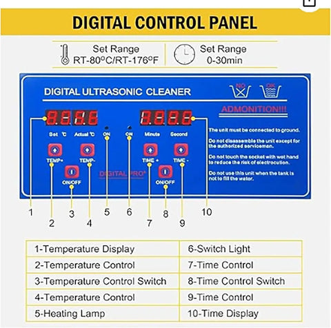 Digital control panel for Heavy Duty 15L Ultrasonic Cleaner With Heater And Timer, featuring temperature and time settings.