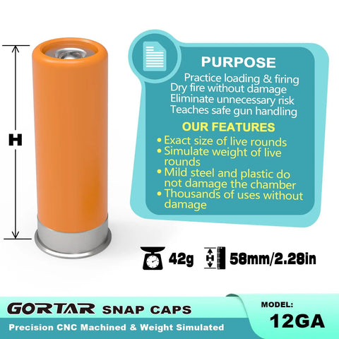 12 Gauge Snap Caps Training Rounds Set For Safe Loading And Dry Fire Practice, shown with features and dimensions.