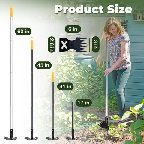 Long Handle Weed Puller Tool 60 Inch Two In One Garden Rake And Hoe in use and size variations shown