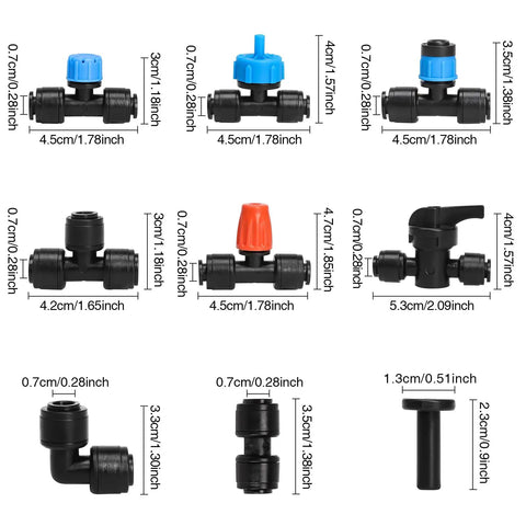 Assorted sizes of Push To Connect 1/4 Inch Tee Irrigation Fittings, 24 Pack, Quick Install Drip Irrigation Tee Connectors For Lawn