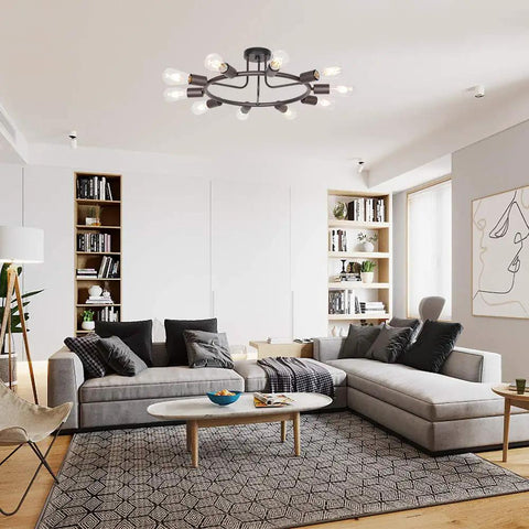 Modern Sputnik Chandelier In Oil Rubbed Bronze 10 Light Mid Century Semi Flush Mount Ceiling Light Fixture in living room scene