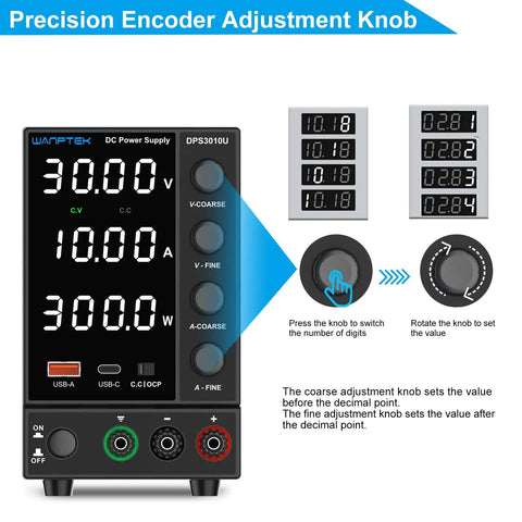 DC Variable Power Supply With Auto Voltage Detect 110V 220V Upgrade, Adjustable 0 to 30V 0 to 10A, control knobs displayed