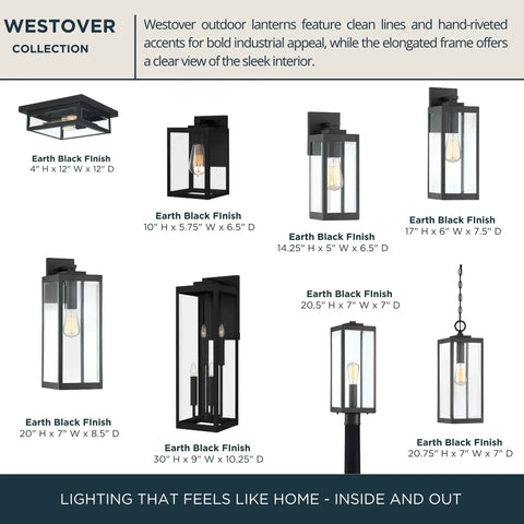 Westover 17 Inch Outdoor Wall Sconce 1 Light Earth Black Finish With Clear Beveled Glass E26 Base Wet Rated Weatherproof Steel