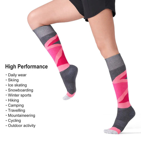Merino Wool Womens Ski Socks 2 Pack Full Cushion Thermal All Day Cozy Winter Socks For Skiing And Snowboarding in pink and gray