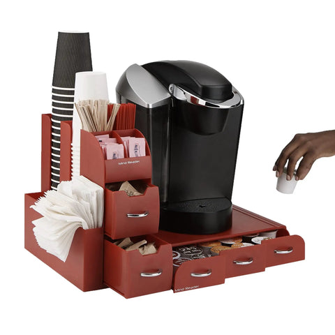 Two Piece Single Serve Coffee Pod Drawer And Condiment Organizer Station Red Keeps Your Counter Clean And Efficient Stashing K Cups Tea Bags Cocoa Pods And Condiments In One Handy Easy Reach Setup with coffee maker and accessories