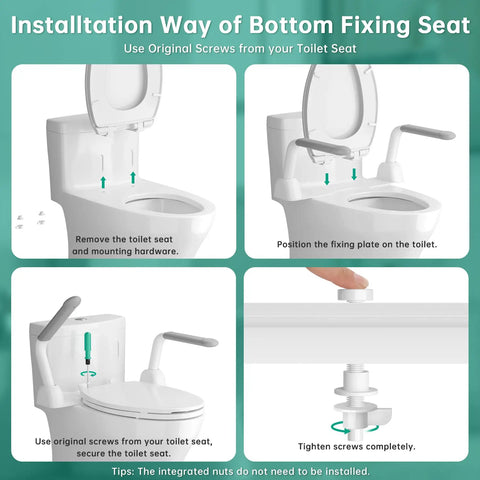 Installation guide for Thick Cast Iron Toilet Safety Rails For Seniors Featuring Slick Fold Handles and Non Slip Base.