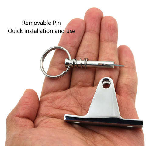 Hand holding Beefy Built Marine Bimini Top Deck Hinge with Quick Release Pin and Ring 316 Stainless Steel Rust Resistant