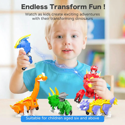 Child playing with 5 In 1 Transforming Dinosaur Robot Set For Kids And Toddlers STEM Building Kit With Triceratops Action Figures.
