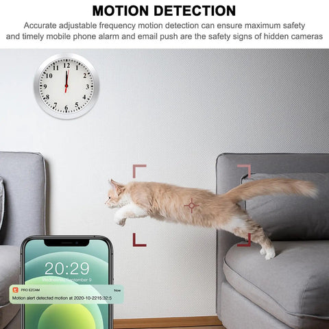 Discreet Hidden Camera Wall Clock With 1080P HD WiFi Live Feed showing motion detection alert with cat mid-jump and phone notification