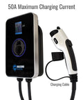 Wall Mount 50 Amp Level 2 EV Charger 12 Kw 240 Volt With Bluetooth And Slick Smart Wifi App Control 23 Foot Cord shown with charging cable.
