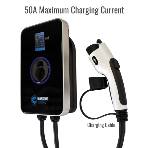 Wall Mount 50 Amp Level 2 EV Charger 12 Kw 240 Volt With Bluetooth And Slick Smart Wifi App Control 23 Foot Cord shown with charging cable.
