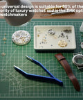 Pro Grade Watch Spring Bar Tool Kit With Tweezers And Bracelet Link Remover For Newbies And Pros on watchmaker's desk with tools.