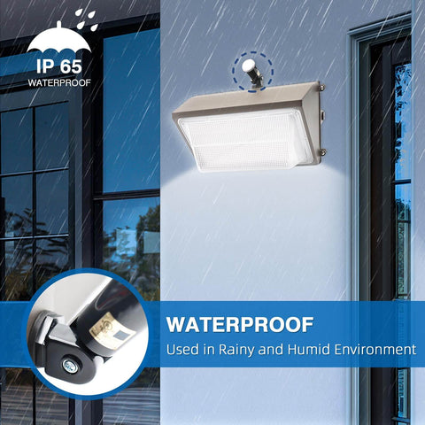 Two Pack Automatic Outdoor Light Sensor Switches With Photoelectric Control installed, showing waterproof IP65 feature in rain