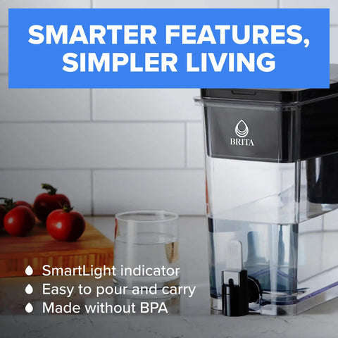 Big 27-Cup BPA Free Water Dispenser With Standard Filter, shown with clear container and SmartLight indicator in kitchen setting.