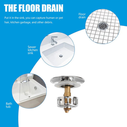 Full Copper Bathtub Plug Replacement Waste Plug with Flat Seal shown from multiple angles with a floor drain illustration.